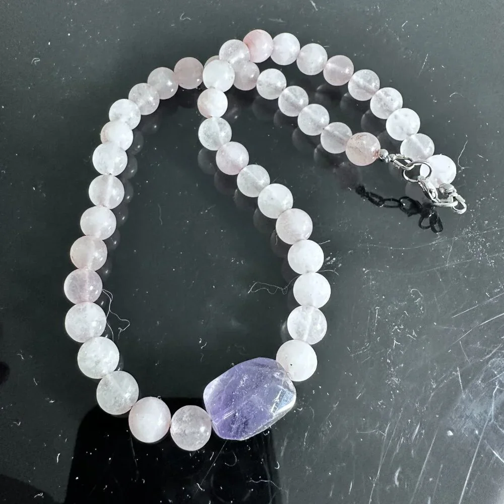 Genuine Amethyst Rose Quartz Necklace Choker Gift Natural Bohemian Hippie Purple - Picture 5 of 11